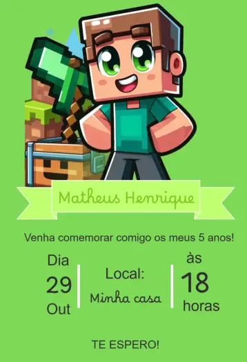 Convite Invitación cumpleaños infantil Minecraft para cumpleaños infantil con temática minecraft. – tema cumpleaños infantil (pixelado, colorido, divertido, moderno, jogos, aventura)