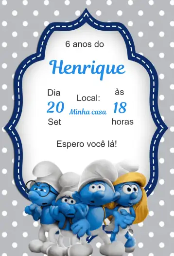 Convite Invitación cumpleaños infantil Pitufos para cumpleaños infantil con temática de los pitufos. – tema cumpleaños infantil (colorido, divertido, infantil, ilustraciones de los Pitufos, estilo caricatura, fiesta temática)