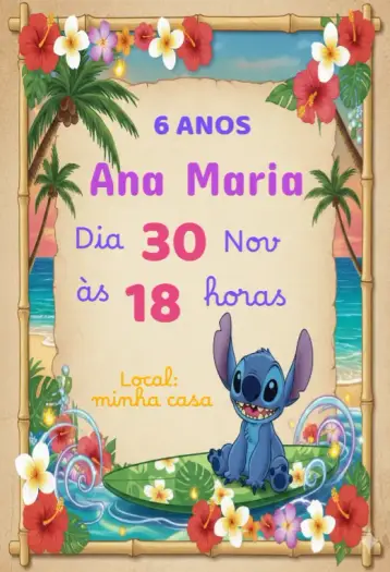Convite Convite aniversário infantil Stitch editável e personalizável