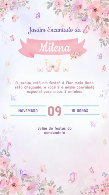 Convite Convite Aniversário JARDIM DAS BORBOLETAS editável e personalizável