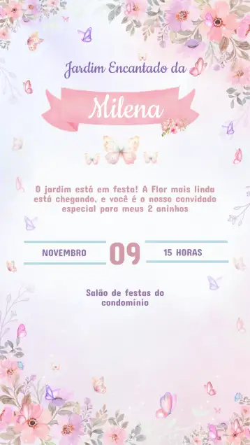 Convite Convite Aniversário JARDIM DAS BORBOLETAS editável e personalizável