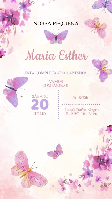 Convite Invitación Cumpleaños Jardín de las Mariposas para cumpleaños infantil – tema cumpleaños infantil (jardín, colorido, floral, lúdico, mágico, delicado)