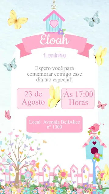 Convite Invitación Cumpleaños Jardín Encantado para cumpleaños infantil – tema cumpleaños infantil (floral, colorido, vibrante, mágico, infantil, natureza)