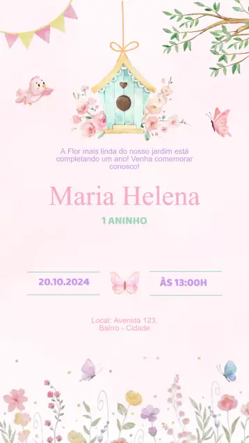 Convite Invitación Cumpleaños Jardín Encantado para cumpleaños infantil. – tema cumpleaños infantil (flores coloridas, elementos mágicos, estilo lúdico, colores vibrantes, diseño infantil, inspirado en la naturaleza)
