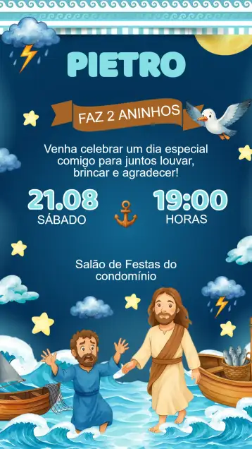 Convite Birthday Invitation Jesus Walking on Water para children's birthday – tema kids' birthday party (colorful, playful, religious, modern, childish)