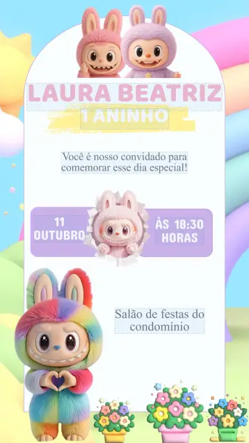 Convite Convite Aniversário Labubu editável e personalizável