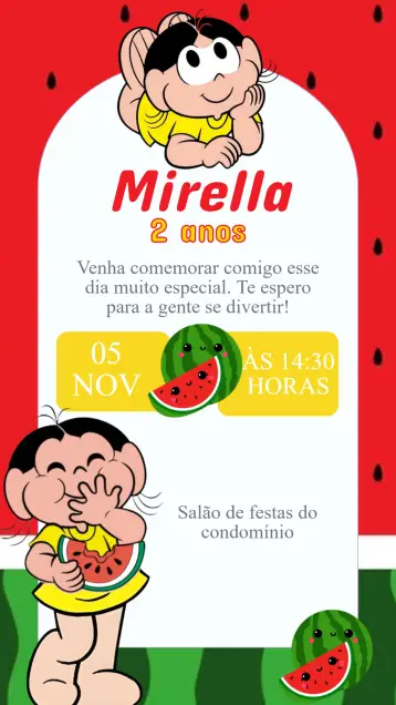 Convite Convite Aniversário Magali Turma da Mônica editável e personalizável