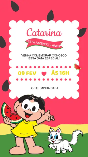 Convite Invitación Cumpleaños Magali Turma da Mônica para cumpleaños infantil – tema cumpleaños infantil (colorido, divertido, infantil, personajes de la Pandilla de Mónica, alegre)