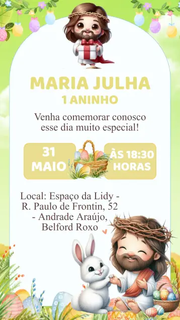 Convite Convite Aniversário Menino Jesus e Páscoa editável e personalizável