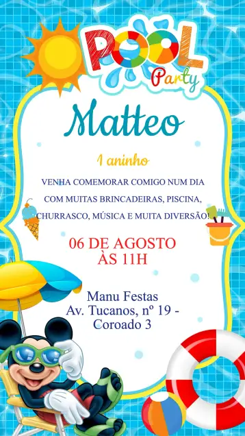 Invite Mickey Birthday Pool Party Invitation editable and customizable