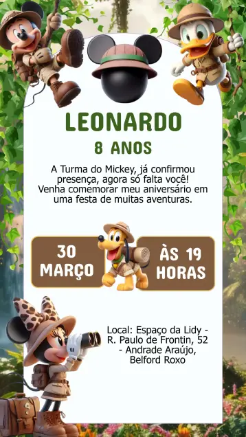 Convite Convite Aniversário Mickey Safari editável e personalizável