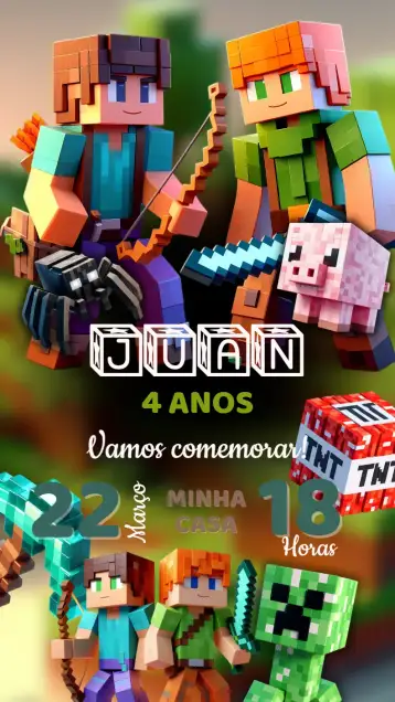Convite Convite Aniversário Minecraft para aniversário infantil com tema minecraft. – tema aniversário infantil (colorido, gamer, divertido, moderno, exploratório)