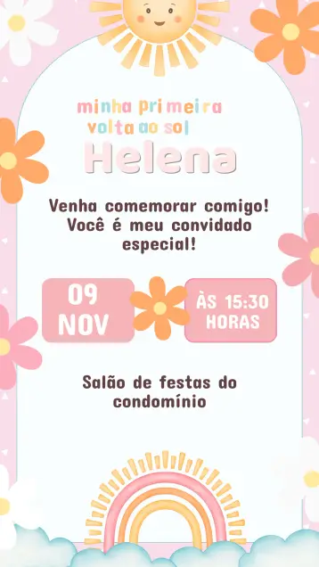 Convite Convite Aniversário Minha Primeira Volta ao Sol menina editável e personalizável