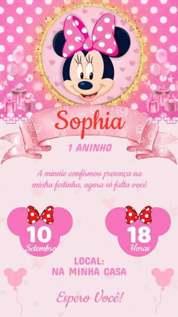 Convite Convite Aniversário Minnie editável e personalizável