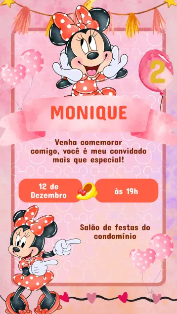 Convite Convite Aniversário Minnie editável e personalizável