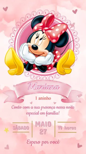 Convite Convite Aniversário Minnie Rosa editável e personalizável