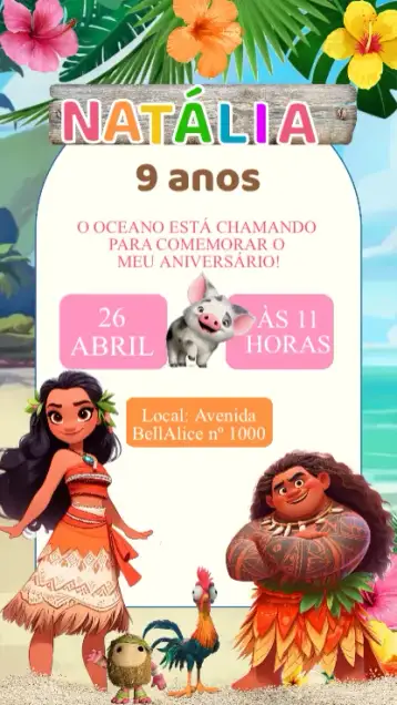 Convite Invitación Cumpleaños Moana para cumpleaños infantil con tema moana. – tema cumpleaños infantil (tropical, colorido, marino, aventura, Disney, naturaleza)