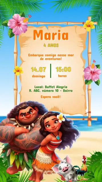 Convite Convite Aniversário Moana para aniversário infantil – tema aniversário infantil (tropical, colorido, aqua, aventura, personagens Disney, natureza)