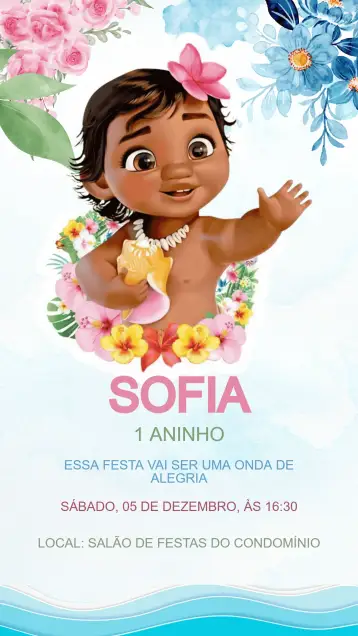 Convite Invitación Cumpleaños Moana Baby para cumpleaños infantil con tema moana. – tema cumpleaños infantil (tropical, colorido, acuarela, marítimo, aventura, infantil)