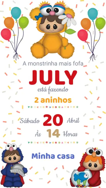 Convite Convite Aniversário Monstros fofos editável e personalizável