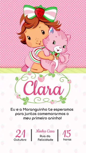 Convite Invitación cumpleaños Moranguito Baby para cumpleaños infantil – tema cumpleaños infantil (colores rosa y rojo, estilo lúdico, elementos gráficos infantiles, diseño lindo, inspiración Fresa)