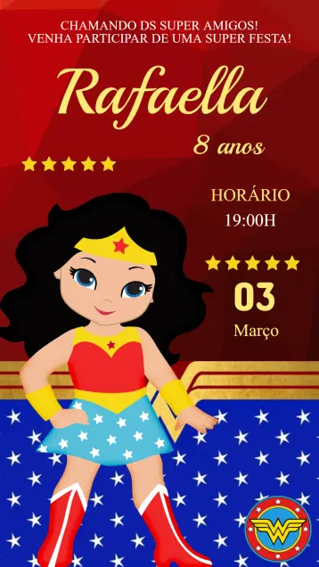 Convite Convite Aniversário Mulher Maravilha editável e personalizável
