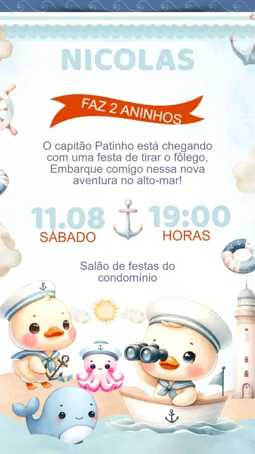 Convite Convite Aniversário Patinho Marinheiro para aniversário infantil – tema aniversário infantil (marinho, colorido, divertido, infantil, temático)