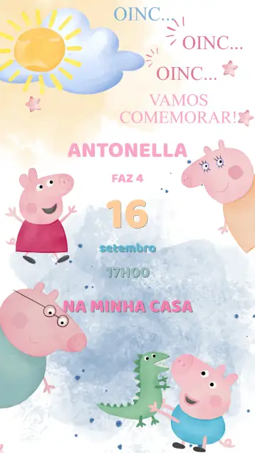 Convite Convite Aniversário Peppa Pig para aniversário infantil – tema aniversário infantil (colorido, brincalhão, infantil, temático, divertido, fofo)