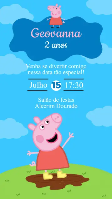 Convite Invitación Cumpleaños Peppa Pig para cumpleaños infantil – tema cumpleaños infantil (colorido, lúdico, infantil, divertido, temático, alegre)