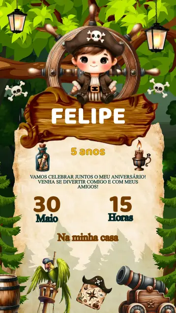 Convite Convite Aniversário Pirata para aniversário infantil – tema aniversário infantil (pirata, aventura, marinho, colorido, divertido, infantil)
