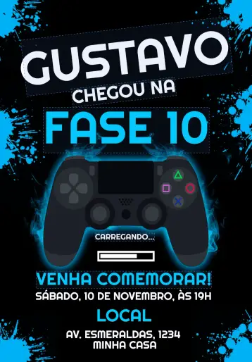 Convite Convite Aniversário Playstation 4 Gamer Preto editável e personalizável