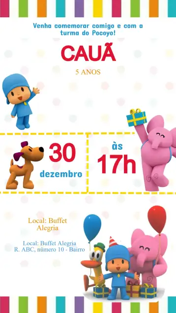 Convite Pocoyo Birthday Invitation para kids birthday – tema kids' birthday party (colorful, fun, childish, character illustrations, modern style, vibrant)