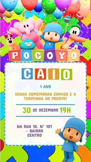 Convite Convite Aniversário Pocoyo para aniversário infantil – tema aniversário infantil (colorido, divertido, infantil, temático, brincalhão)
