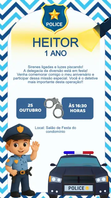 Convite Police Birthday Invitation para kids’ birthday party with police theme. – tema kids' birthday party (police, blue and yellow, funny, modern, children's illustration)
