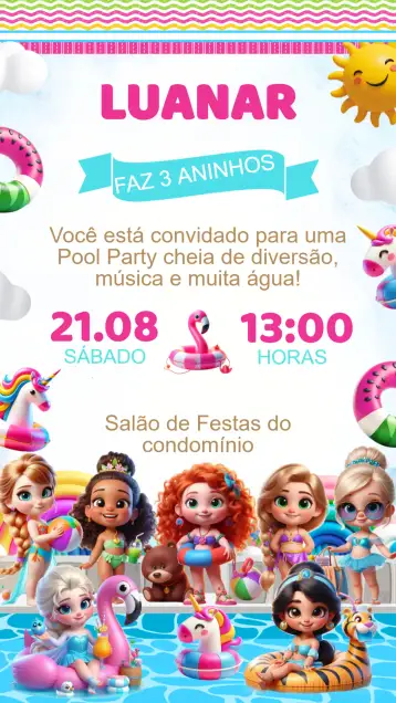 Convite Convite Aniversário Pool Party das Princesas para aniversário infantil com tema de princesas e pool party. – tema 15 anos (colorido, lúdico, princesa, divertido, tropical, festivo)