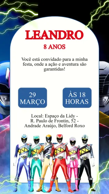 Convite Convite Aniversário Power Rangers editável e personalizável
