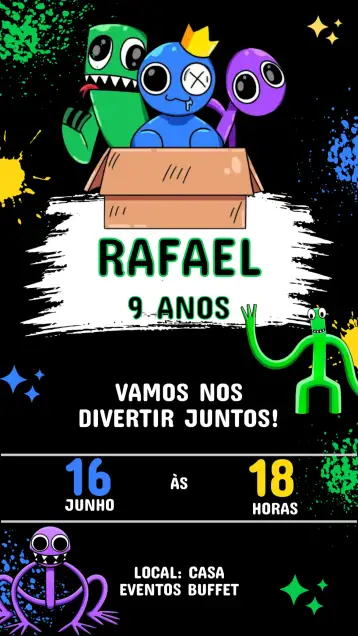 Convite Convite Aniversário Rainbow friend para aniversário infantil – tema aniversário infantil (colorido, divertido, infantil, arco-íris, moderno, alegre)
