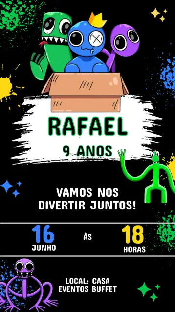 Convite Convite Aniversário Rainbow friend editável e personalizável