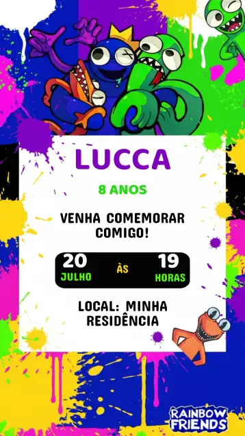 Convite Convite Aniversário Rainbow friend para aniversário infantil – tema aniversário infantil (arco-íris, colorido, divertido, infantil, fantasia, alegre)