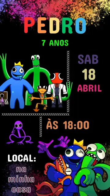 Convite Convite Aniversário Rainbow friend para aniversário infantil – tema aniversário infantil (arco-íris, colorido, lúdico, divertido, infantil, moderno)