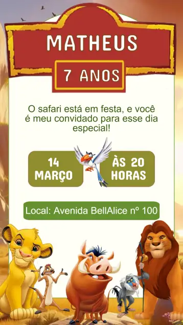 Convite Lion King Birthday Invitation para kids birthday party with lion king theme. – tema kids' birthday party (colorful, themed, adventure, animals, jungle, Disney)