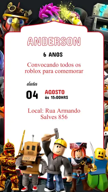 Convite Convite Aniversário Roblox para aniversário infantil com tema roblox. – tema aniversário infantil (colorido, moderno, divertido, jogos, fantasia, temático)