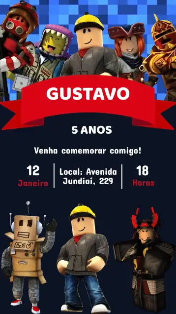 Convite Convite Aniversário Roblox para aniversário infantil com tema roblox. – tema aniversário infantil (colorido, moderno, lúdico, jogos virtuais, divertido, temático)