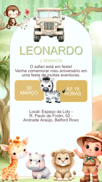 Convite Convite Aniversário Safari editável e personalizável