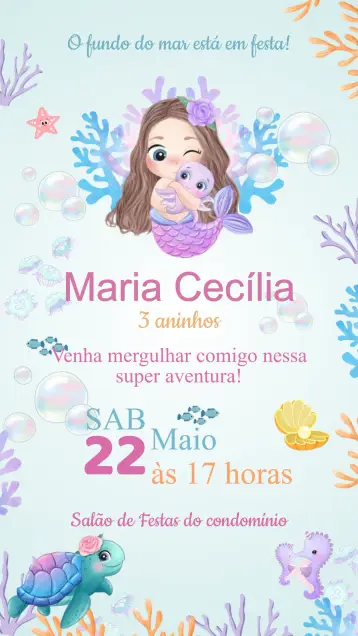 Invitación Invitación Cumpleaños Sirena Cute Fondo del Mar editable y personalizable