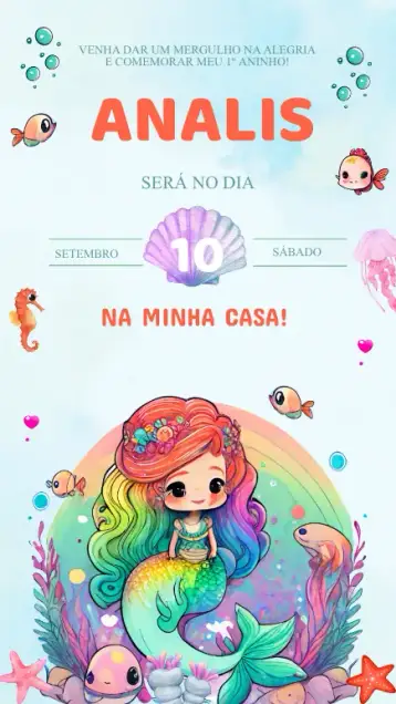 Convite Convite Aniversário Sereia Fundo do Mar para aniversário infantil – tema aniversário infantil (marinho, colorido, lúdico, fantasia, tropical)