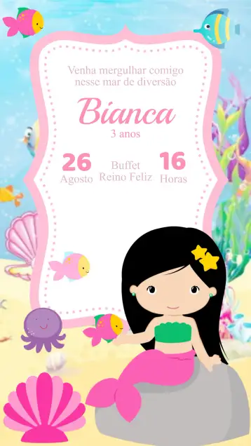 Convite Convite Aniversário Sereia Fundo do Mar para aniversário infantil – tema aniversário infantil (fundo do mar, sereias, cores vibrantes, elementos marinhos, estilo lúdico, inspirado na natureza)