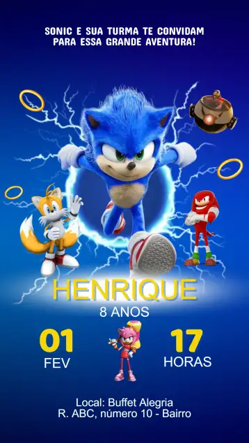 Convite Convite Aniversário Sonic para aniversário infantil – tema aniversário infantil (colorido, divertido, jogos, super-heróis, aventura, moderno)