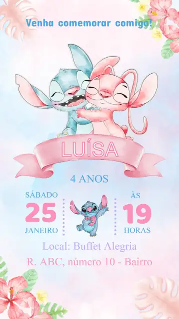 Convite Convite Aniversário Stitch e Angel para aniversário infantil – tema aniversário infantil (colorido, lúdico, divertido, infantil, temático, animais)