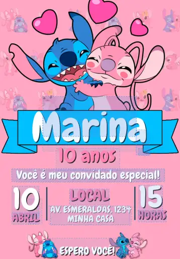 Convite Convite Aniversário Stitch e Angel Personalizado Editável para aniversário infantil – tema cartão (colorido, divertido, infantil, moderno, lúdico)